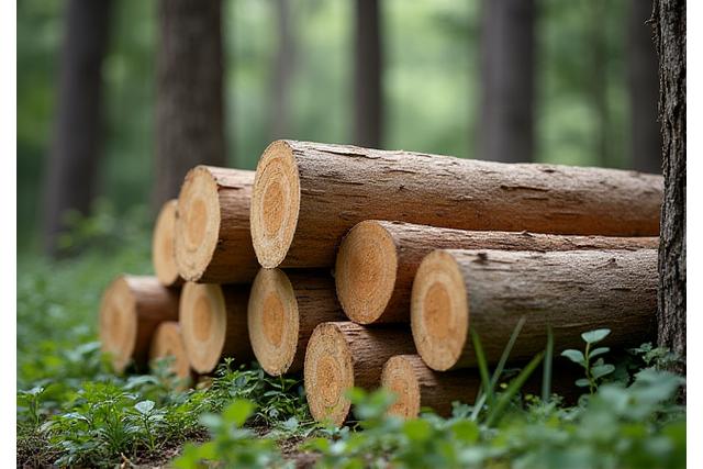 Stapel von hellen Holzstämmen in einem Wald, Symbol für nachhaltige Forstwirtschaft.