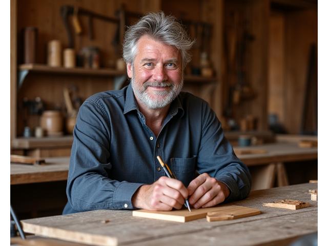 Gründer Max Meier von Alpina Interiors in seiner Holzwerkstatt bei der Arbeit an einem Möbelstück.